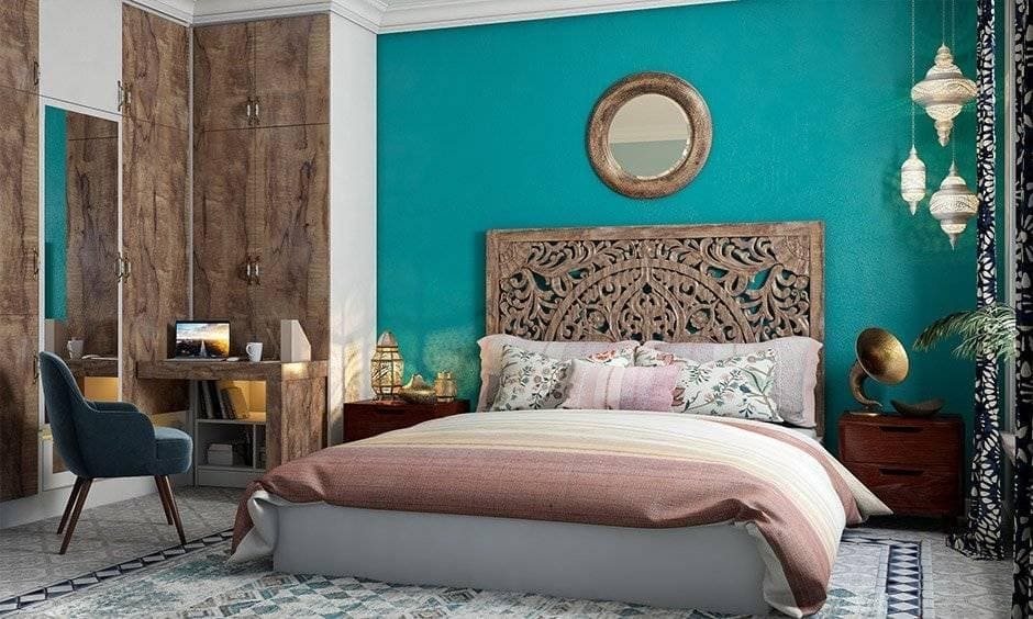 Bedroom Set with Teal Accent Wall and Carved Wood Headboard Ideas