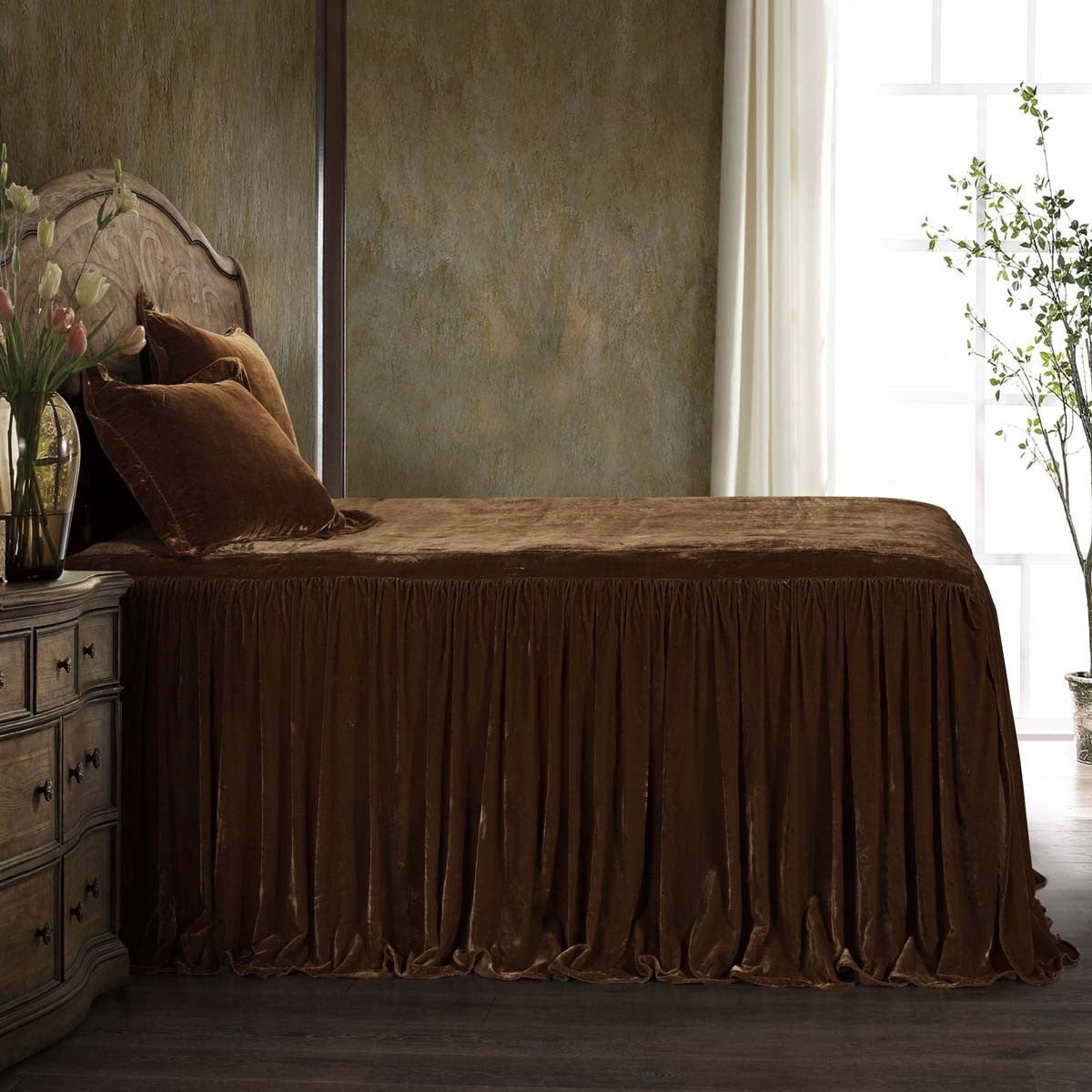 Bedspread Set: Shimmering Copper Velvet Floor Length Skirt