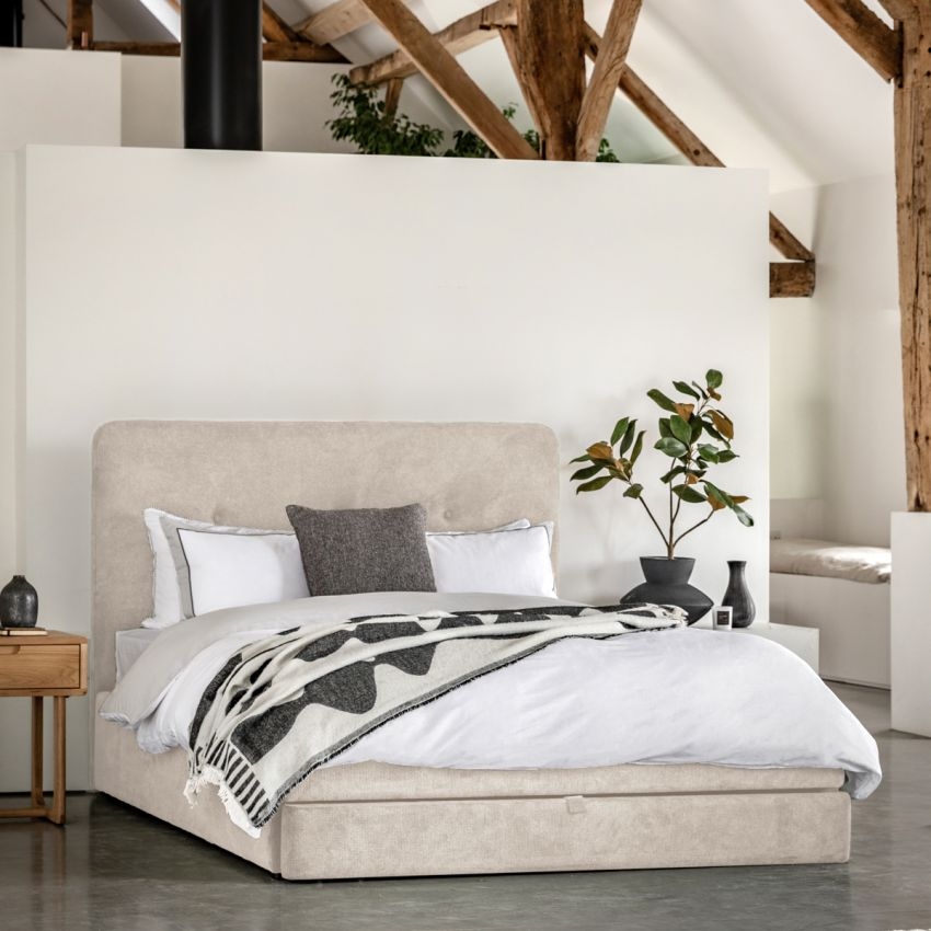 Bedstead Cream Velvet integrated drawers rounded headboard