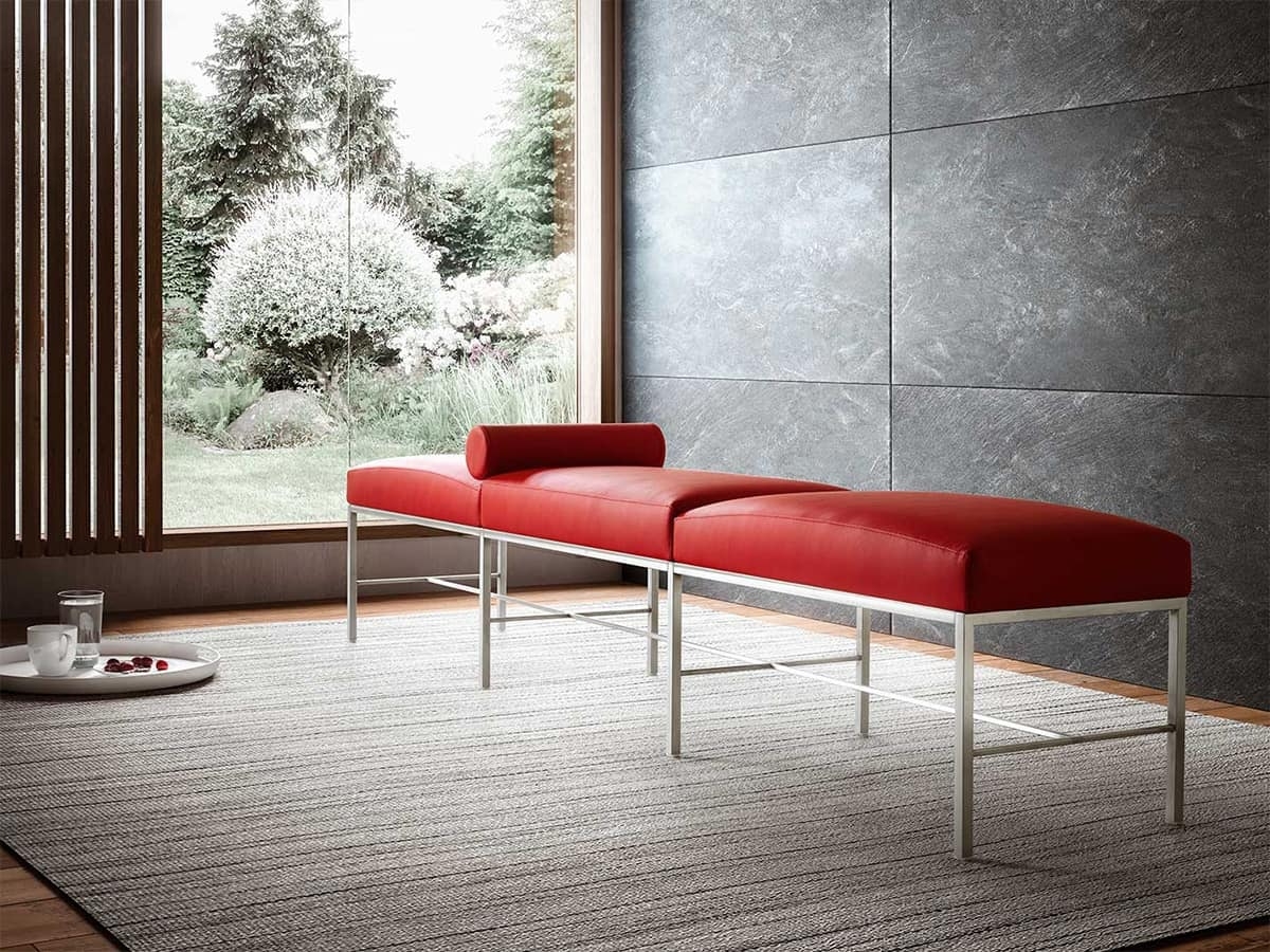 Bench with Cylindrical Bolster and Vibrant Red Seating