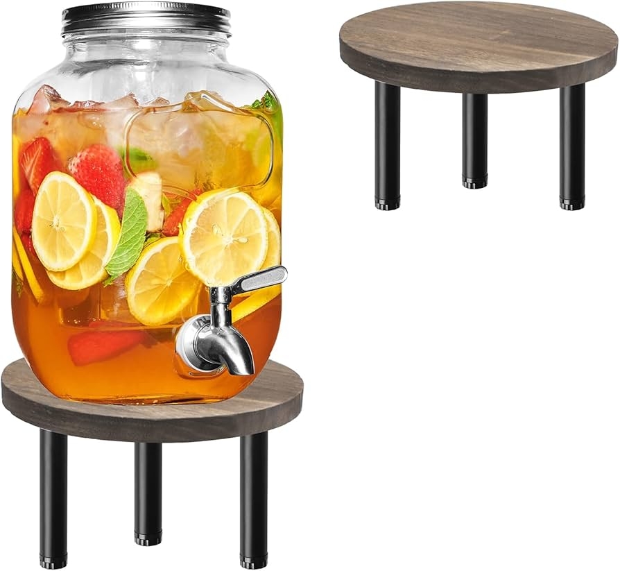 Beverage Dispenser Stand Tripod Riser and Wood Pitcher Base