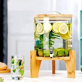 Beverage Dispenser with Elevated Wood Stand and Bamboo