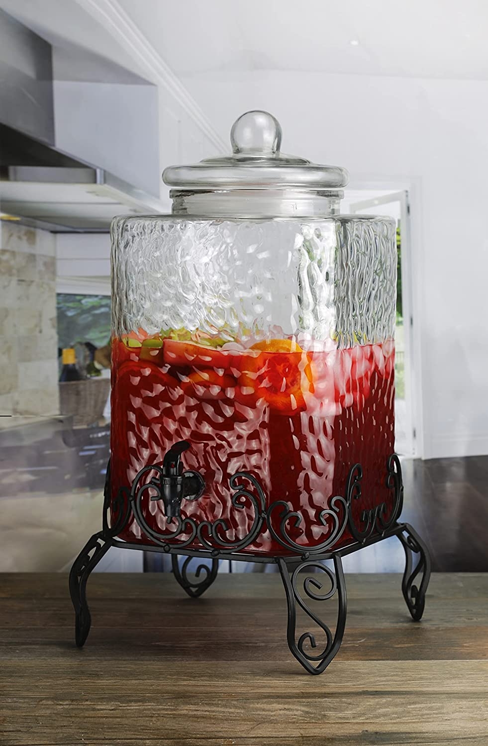 Beverage Dispenser with Ornate Scrollwork Stand in Glass