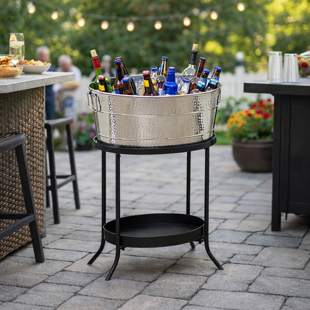 Beverage Tub Stand with Hammered Texture Two Tier Design