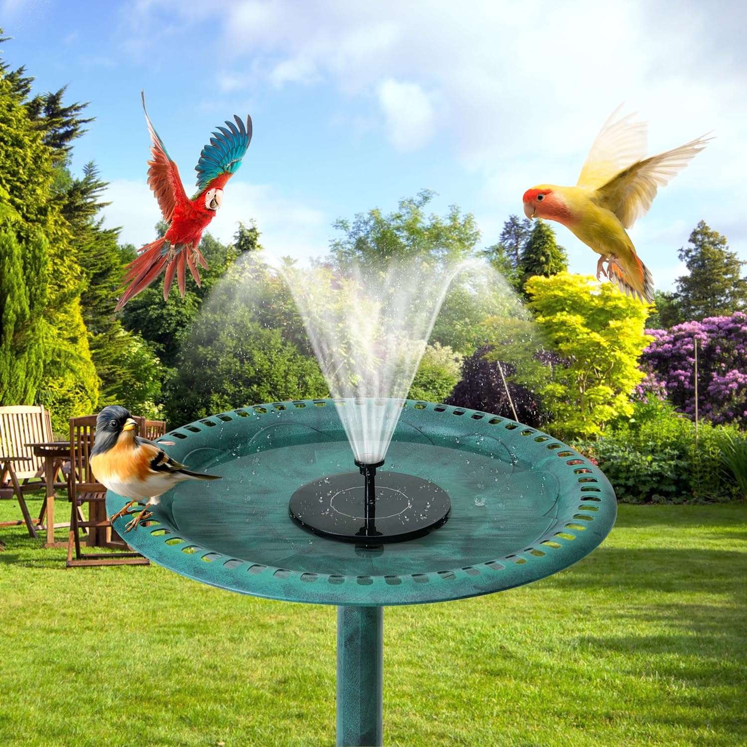 Bird Bath Antique Green Scalloped Rim Solar Fountain
