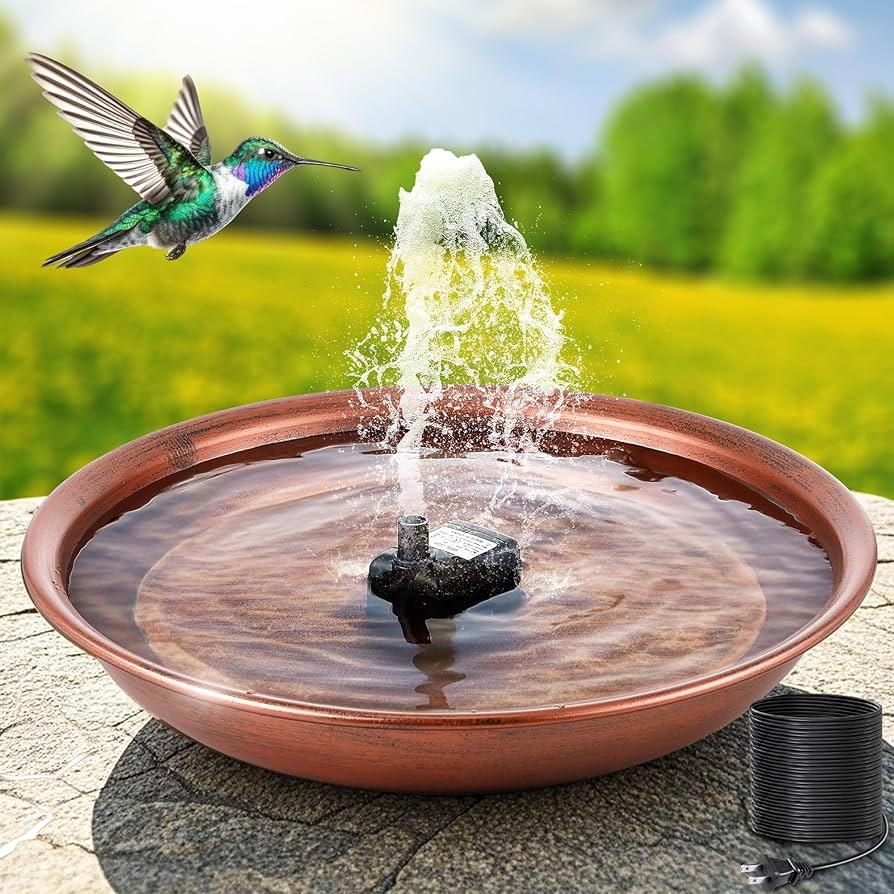 Bird Bath Fountain Copper Toned Basin Bubbling