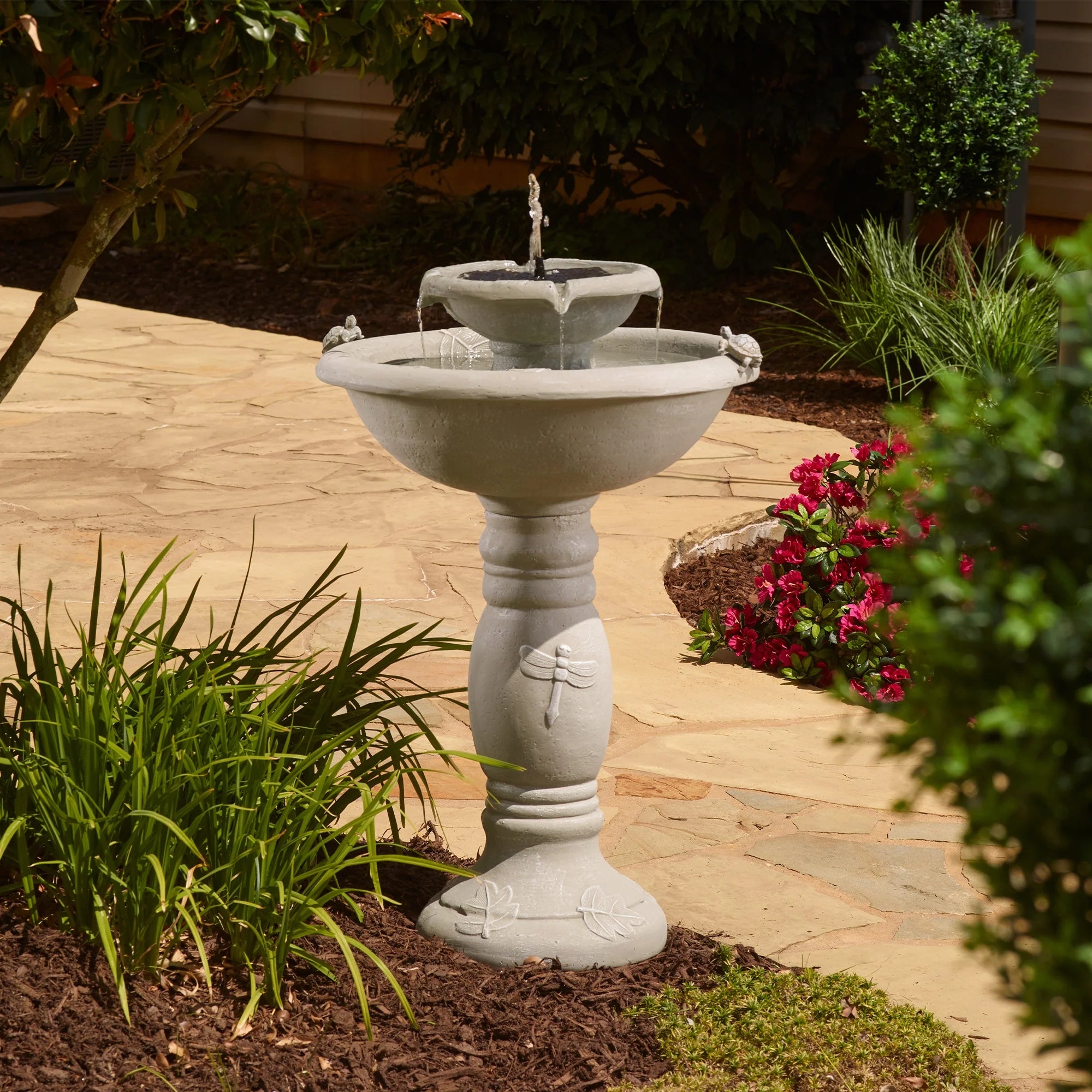 Bird Bath Fountain Dragonfly Relief Two Tier Design