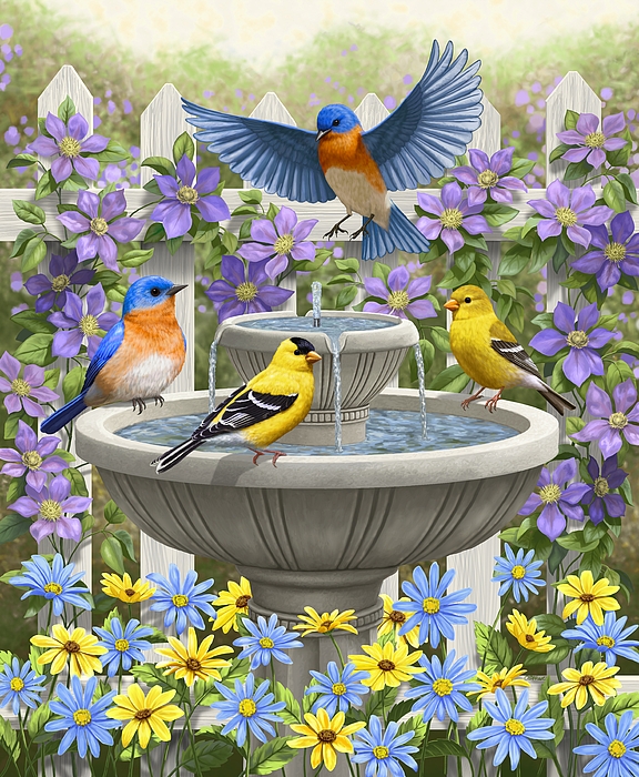 Birdbath Fountain Vibrant Bird Life Fluted Pedestal