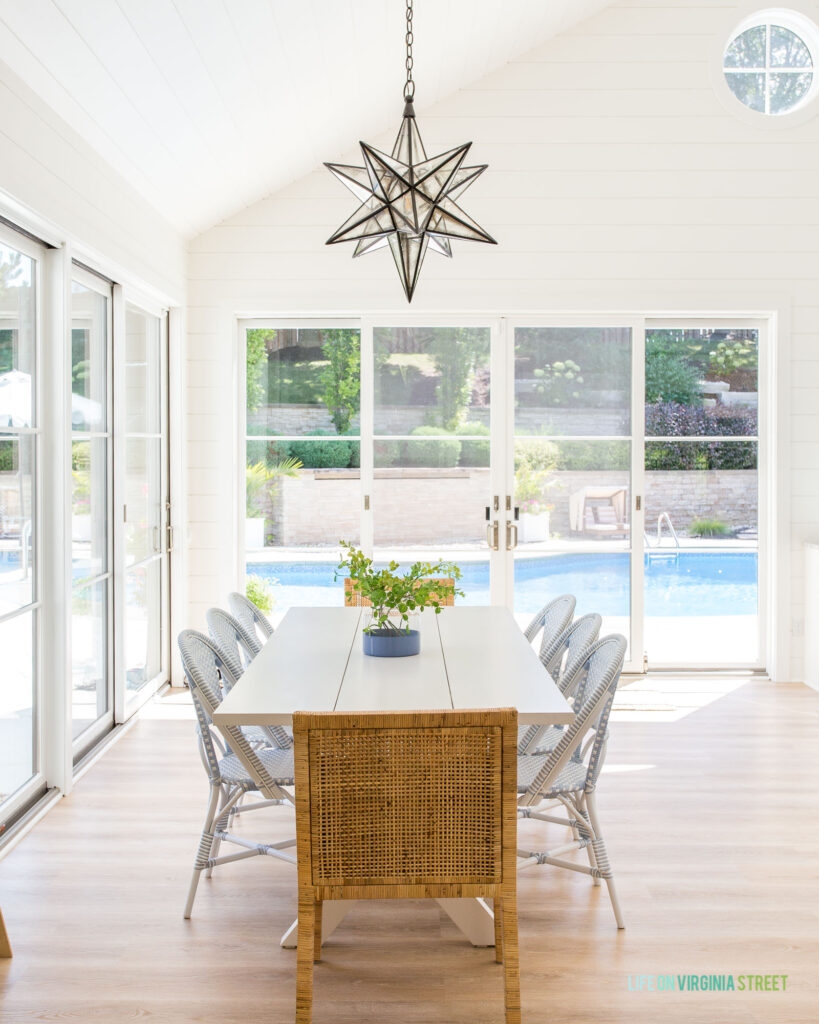 Bistro Dining Chairs with Blue and White Weave and Star Pendant
