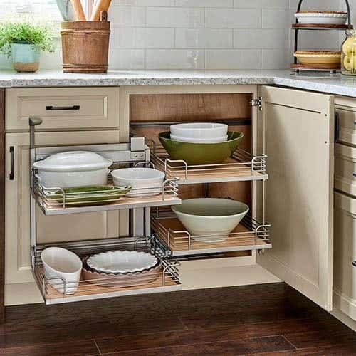 Blind Corner Organizer | Swing Out Mechanism | Wood Toned Bases