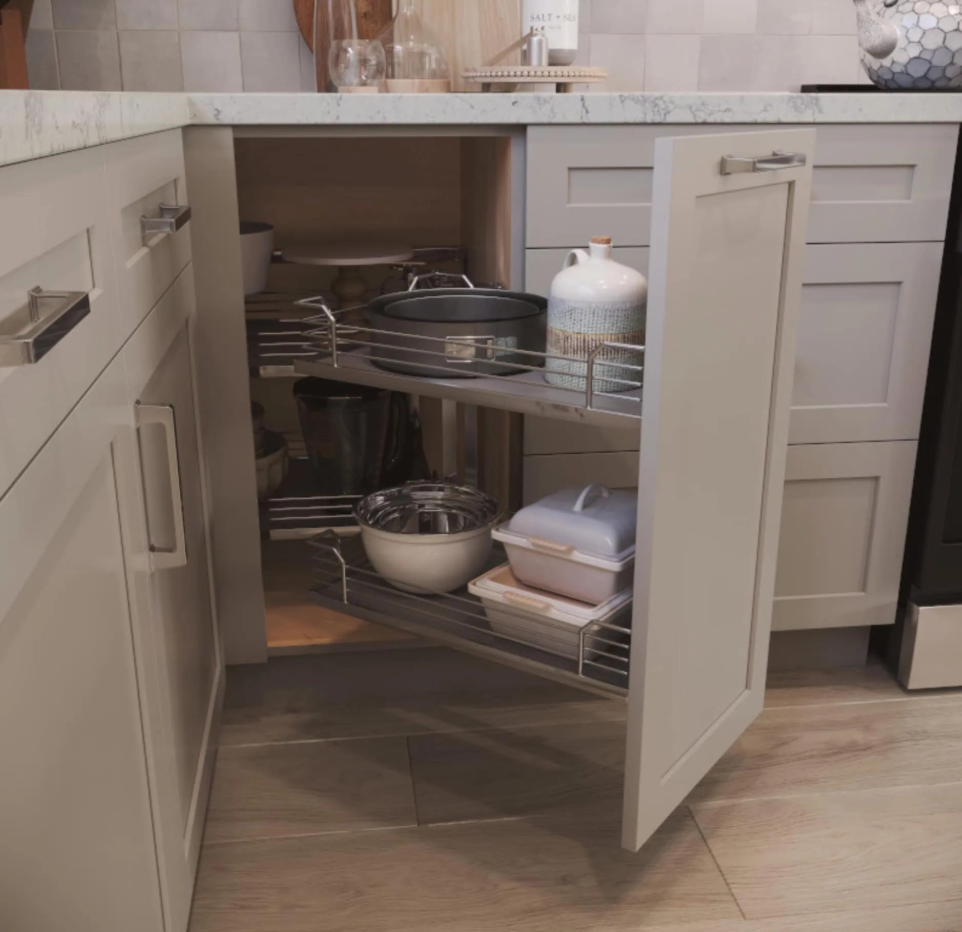 Blind Corner Pull Out | Two Tier Storage | Shaker Cabinet Ideas