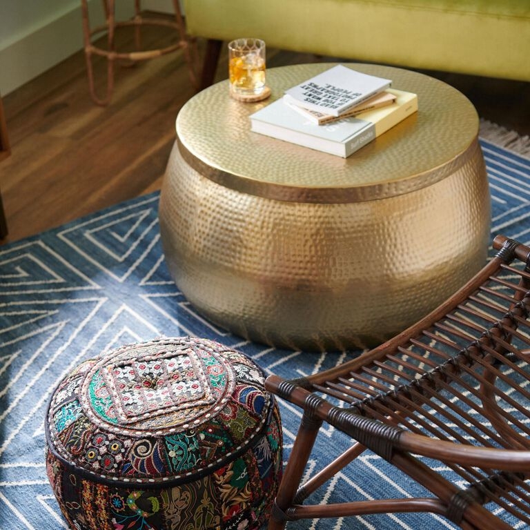 Bohemian Storage Drum Table with Lustrous Hammered Metal