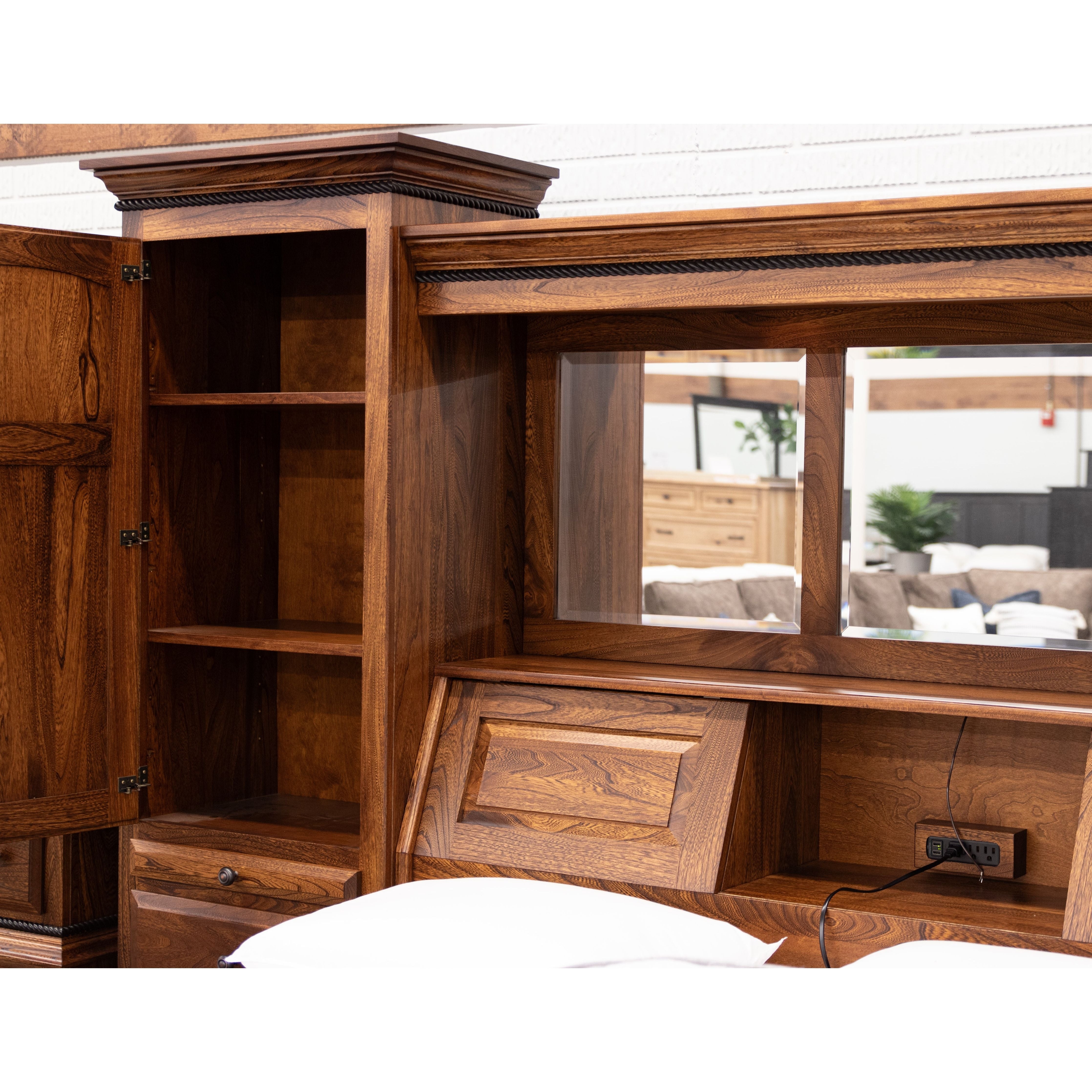 Bookcase Unit Bed: Solid Elm Mirrored Headboard with Power