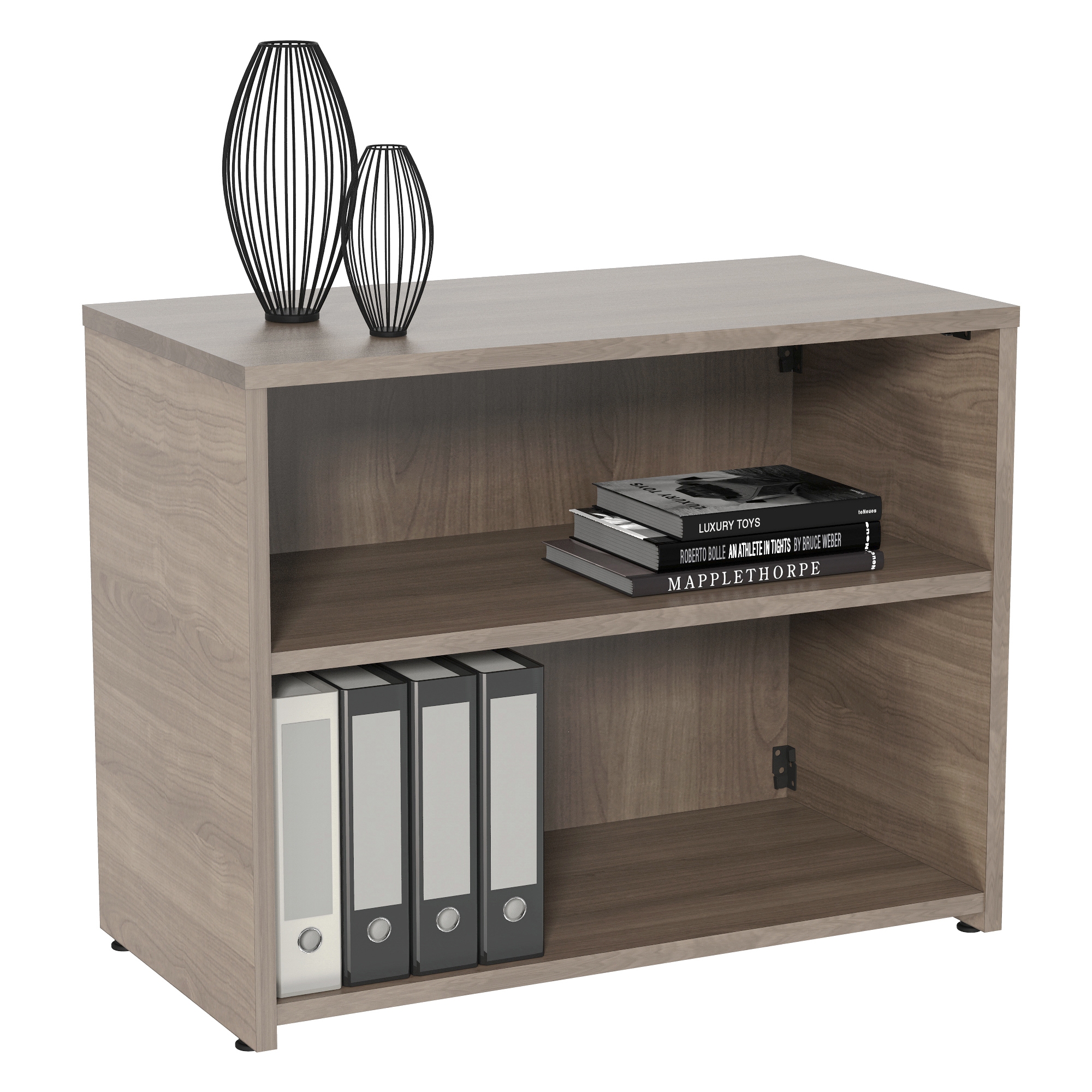 Bookshelf Credenza: Driftwood Brown Organizer and Open Front
