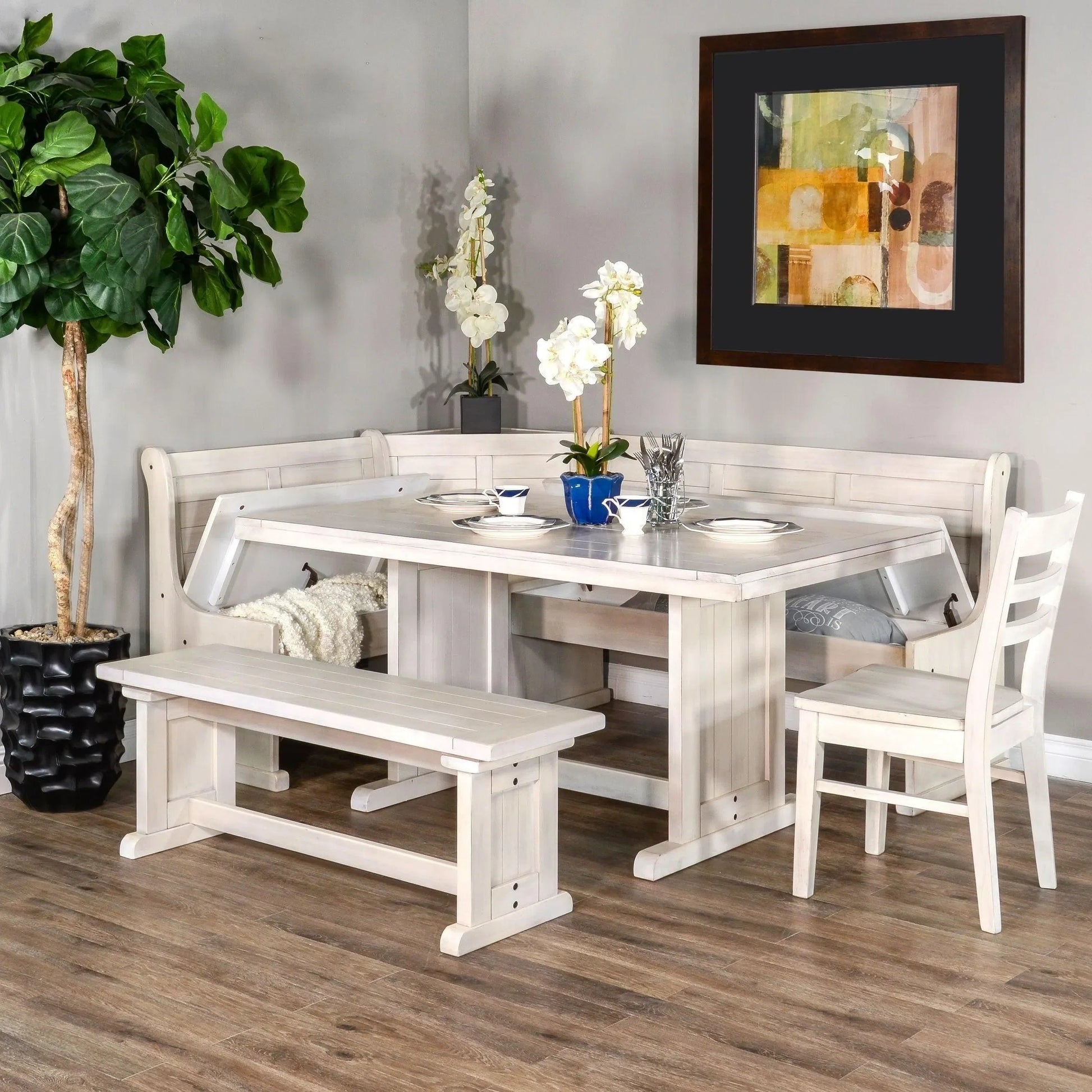 Breakfast Nook Set: Whitewashed Finish White Farmhouse Corner Dining