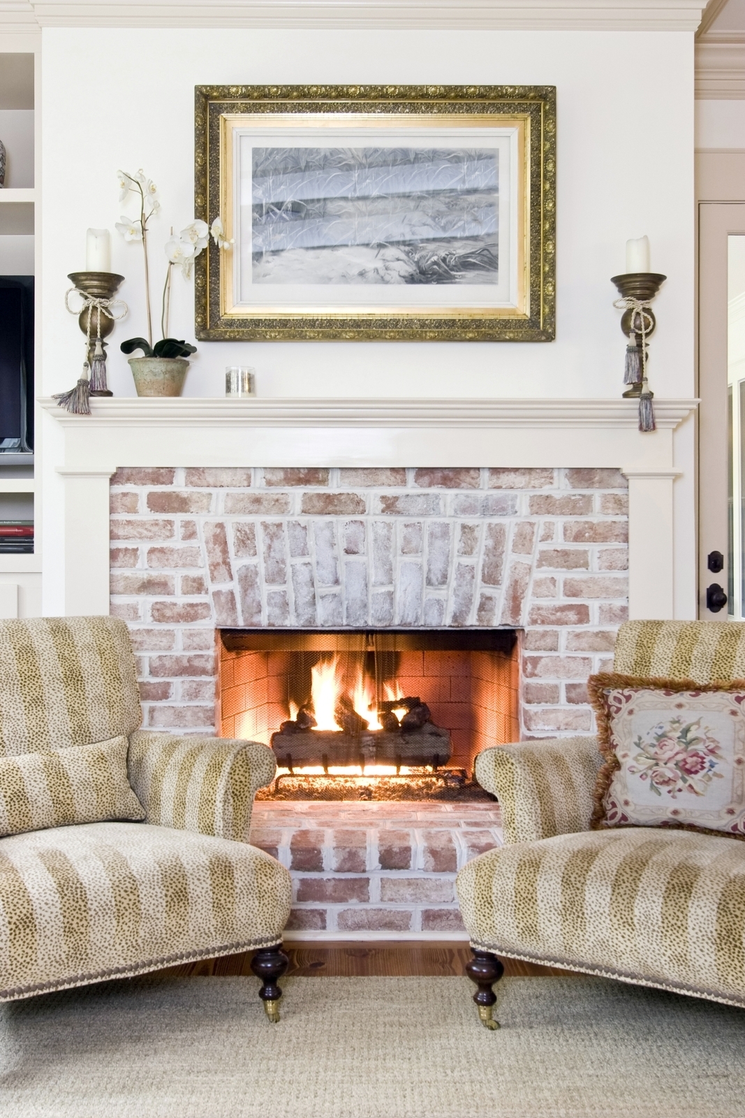 Brick Fireplace Arch Header Design With Animal Print Seats