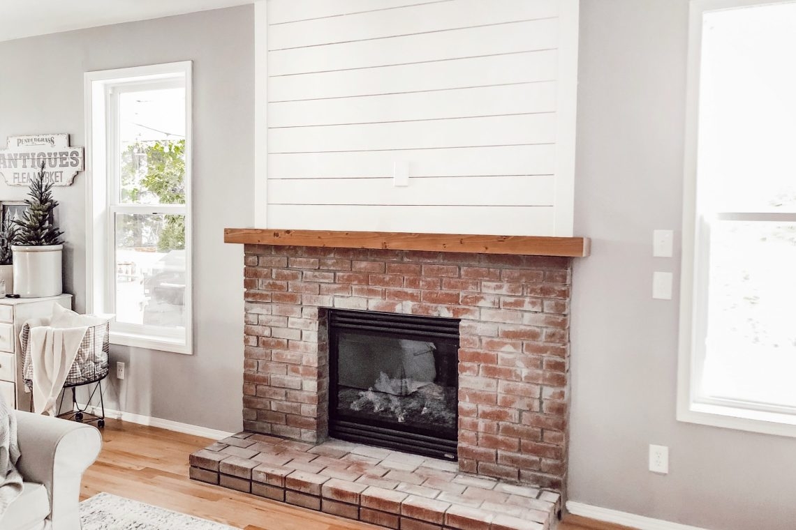 Brick Fireplace Hearth With Shiplap Accent Wall DIY Ideas