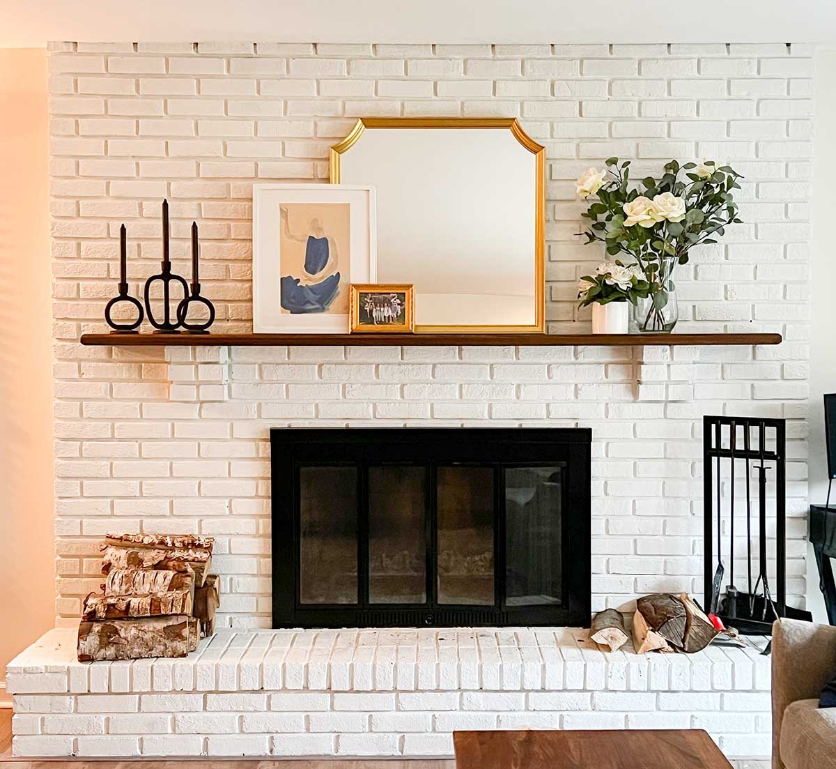 Brick Fireplace Painted White With Layered Mantel Decor Styling