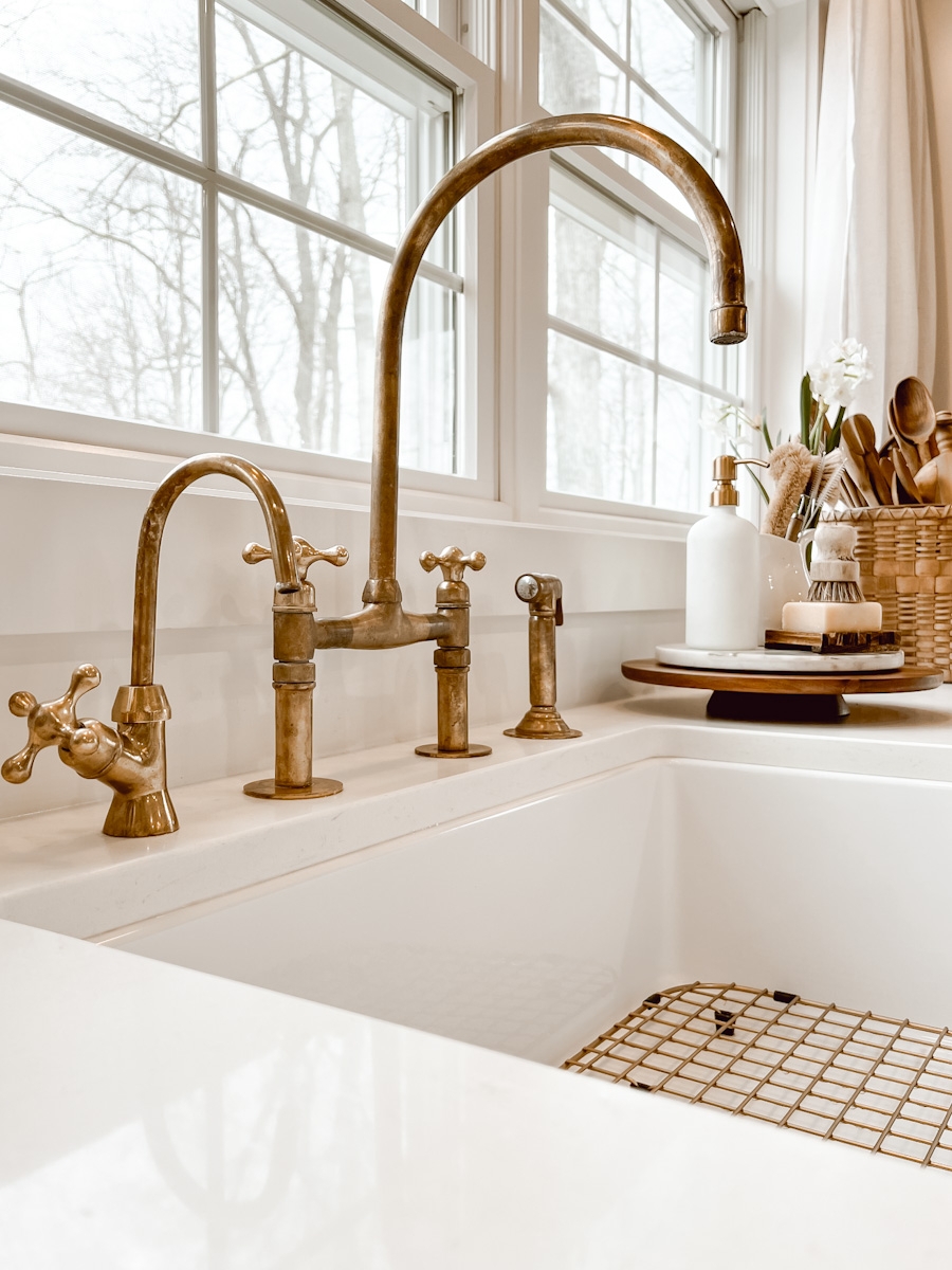 Bridge Faucet: Unlacquered Living Finish Antique Hardware.