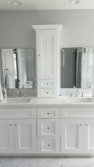 Bright Bathroom Vanity: Shaker Style Beveled Mirrors