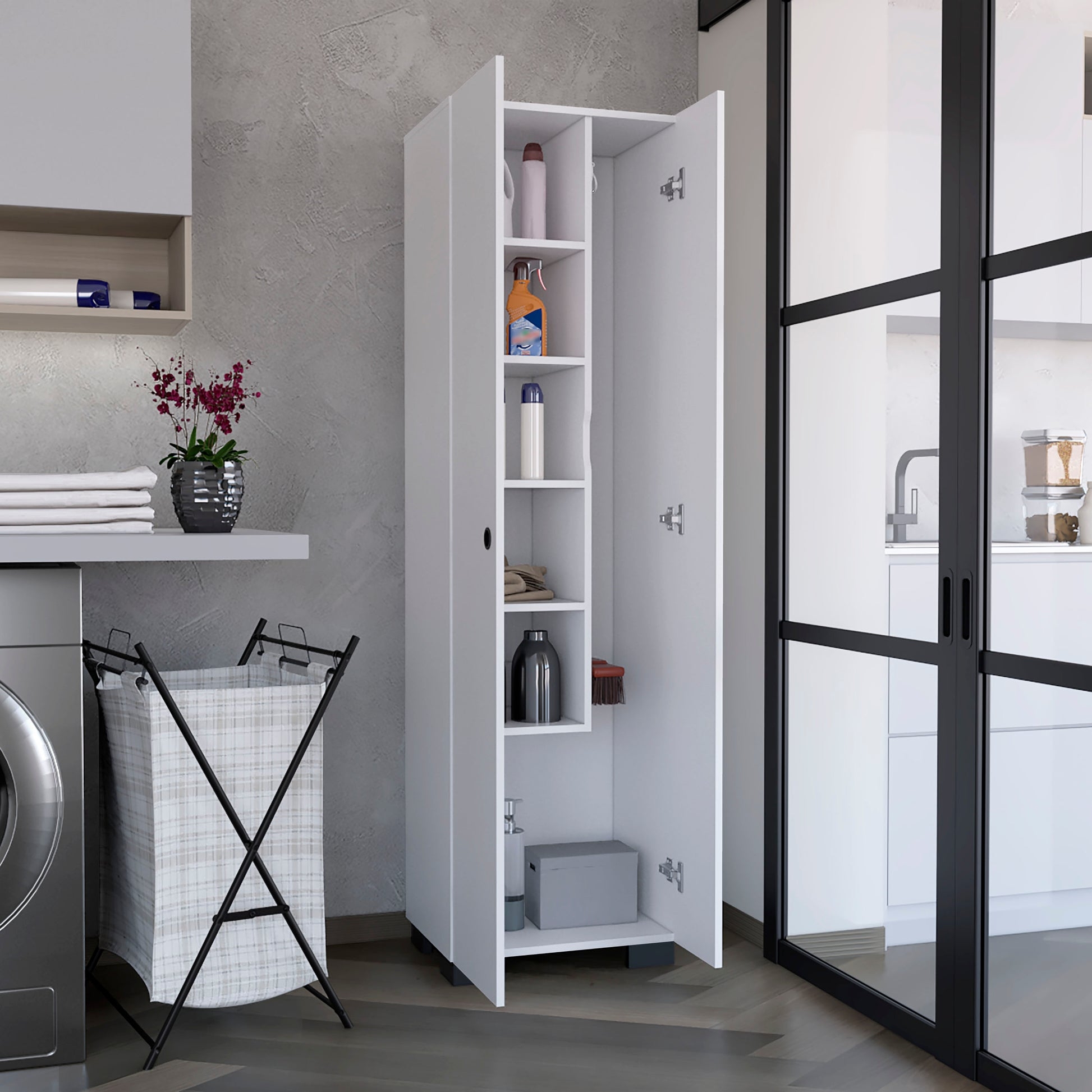 Broom Cabinet Slim Profile Integrated Hangers Unit