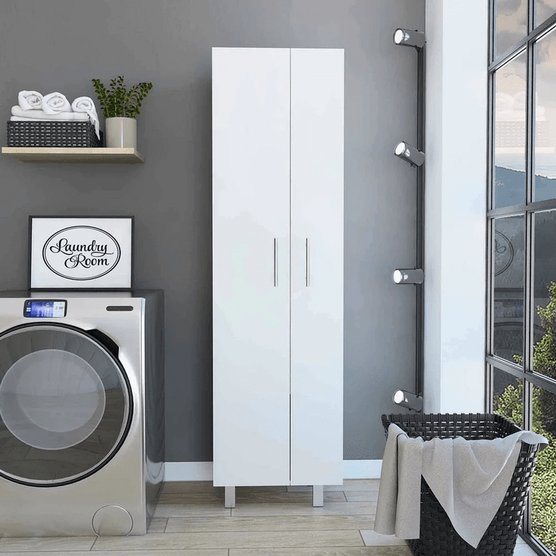 Broom Cabinet White Tall Slender Profile Storage Closet