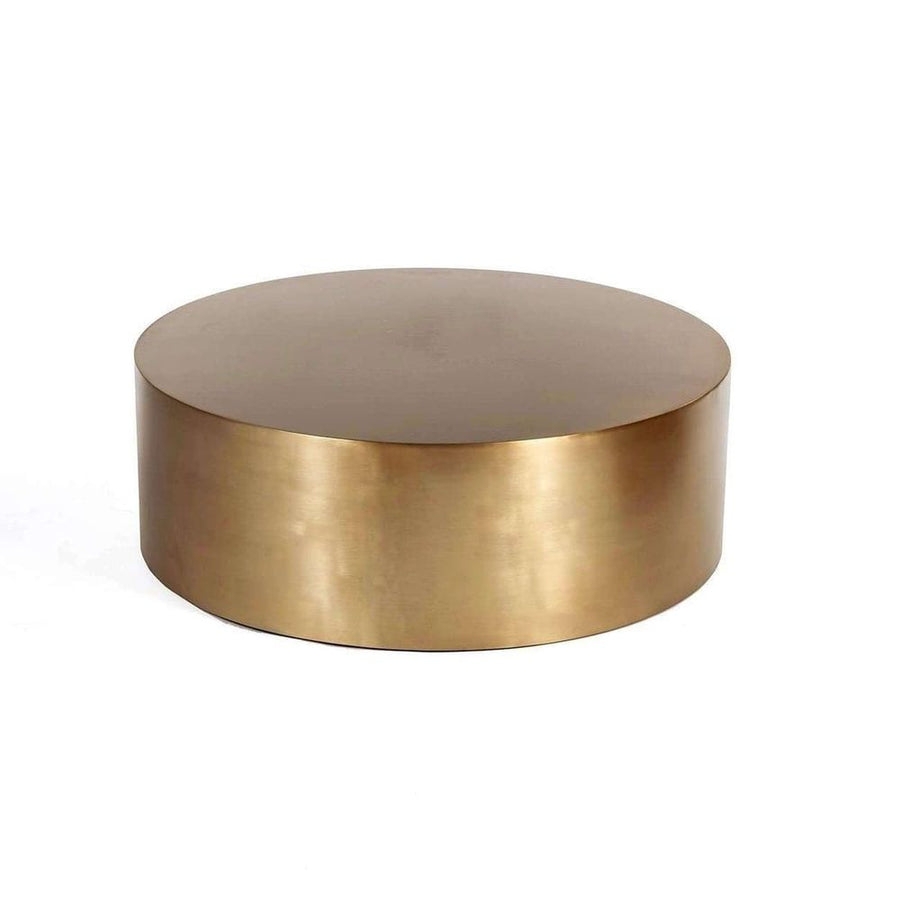 Brushed Brass Drum Table with Mid-Century Plinth Base