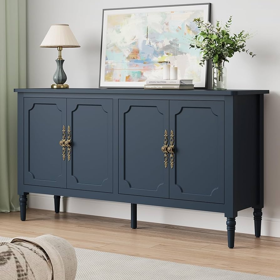 Buffet Cabinet with Ornate Gold Handles and Bun Feet