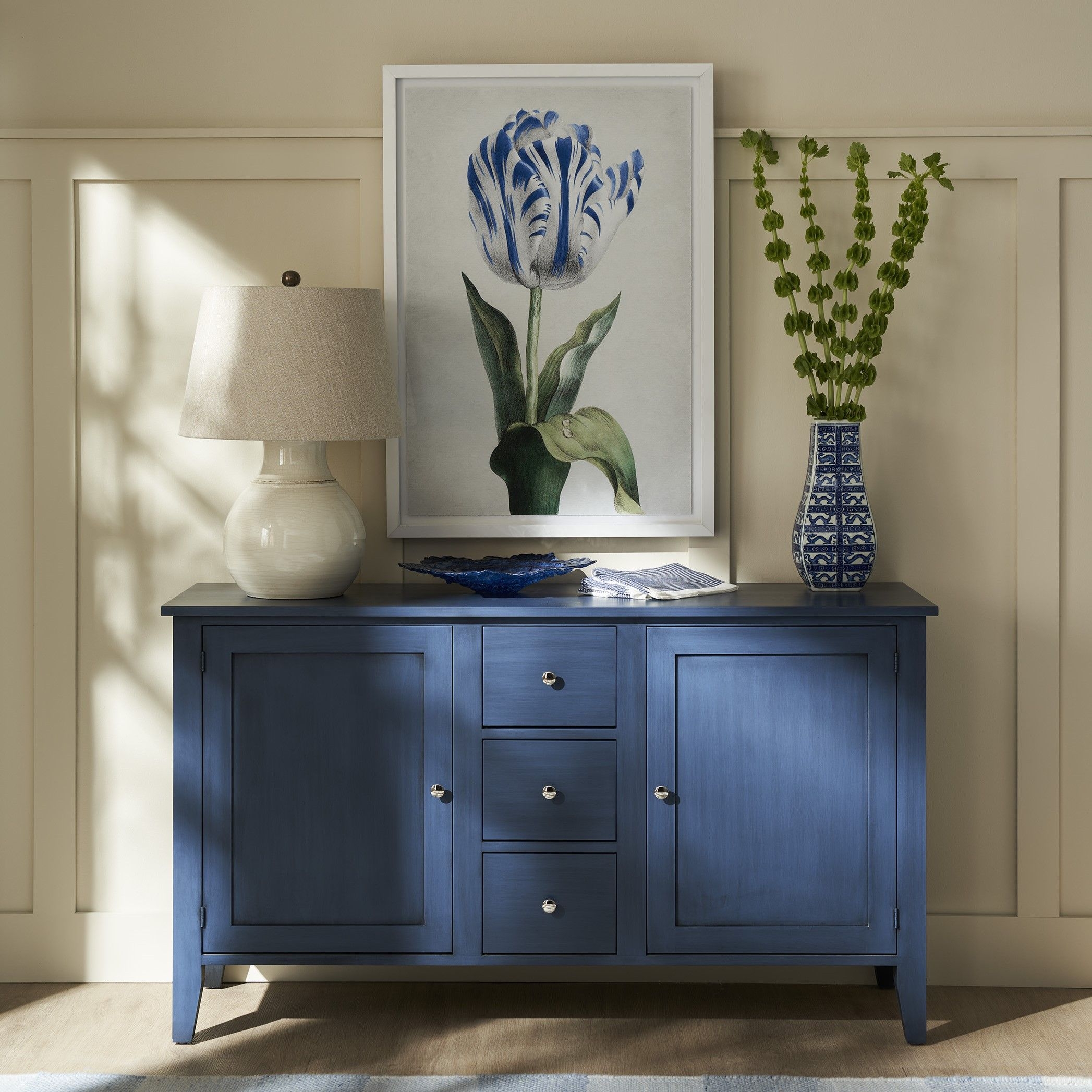 Buffet with Three Drawer Stack and Navy Tapered Legs