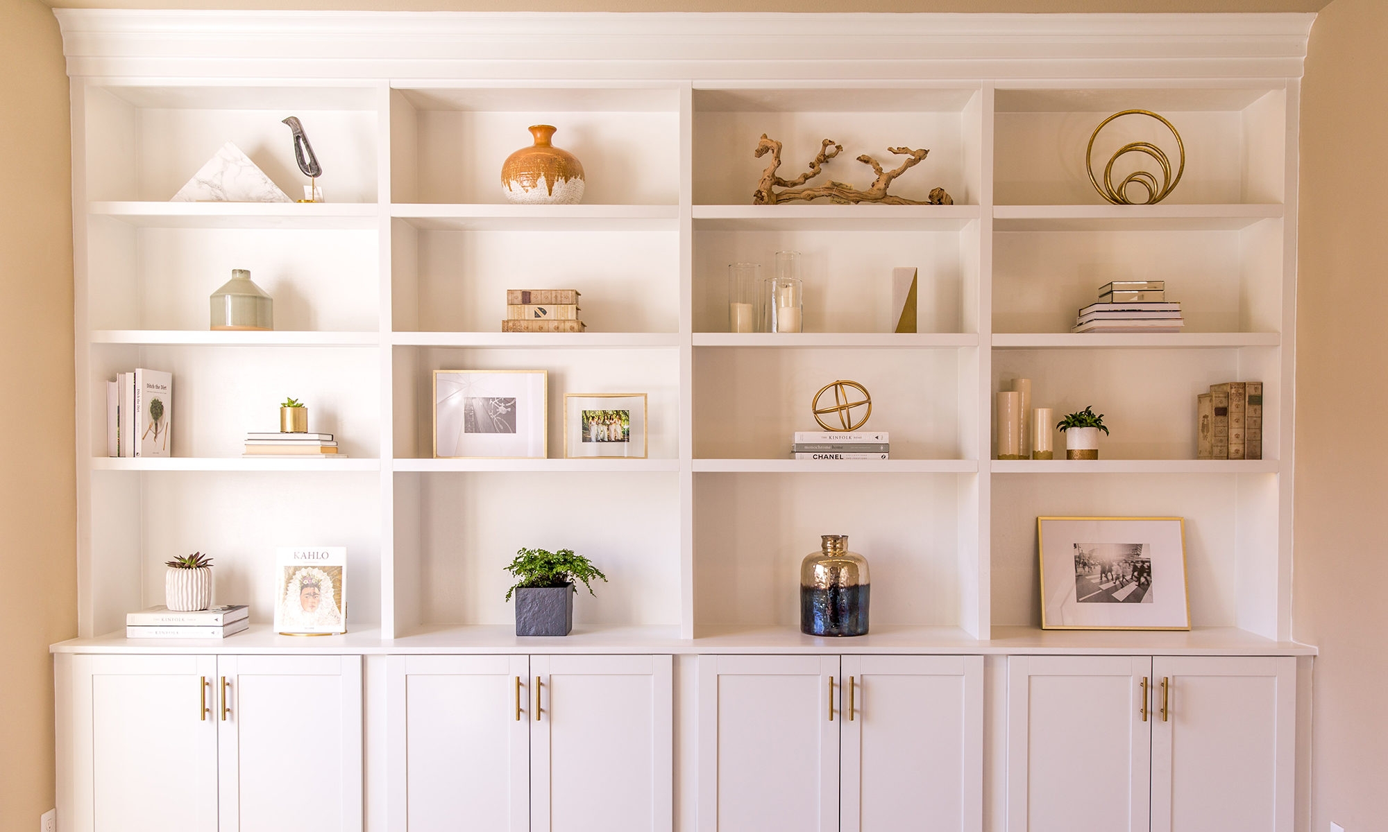Built-In Bookcase: Off-White Shaker Doors and Gold Hardware