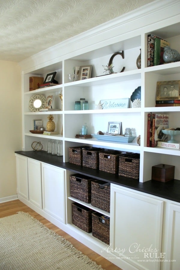 Built-In Bookcase: White Unit with Contrast Dark Top Ledge