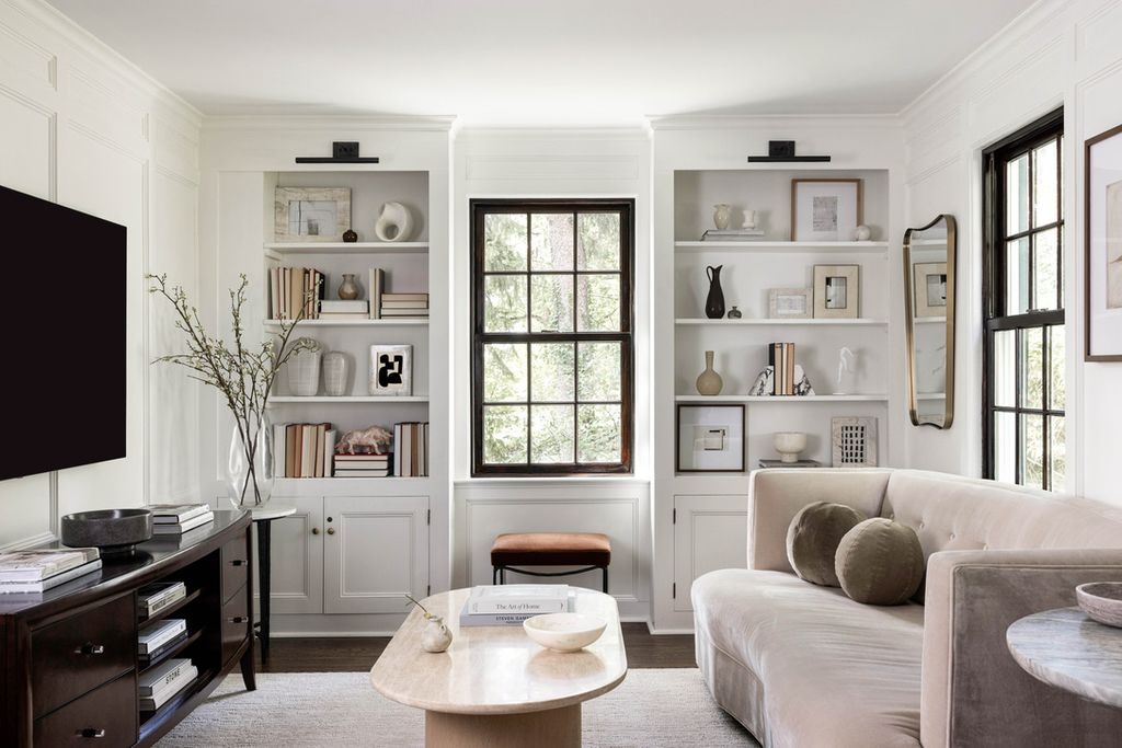Built-In Bookshelf: Creamy White with Black Window Mullions