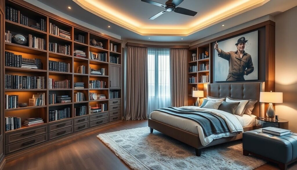 Built-In Bookshelf: Slate Grey Wall with Tufted Headboard