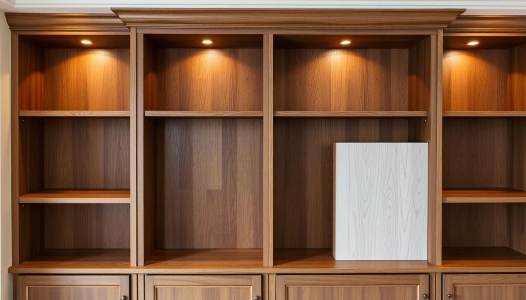 Built-In Bookshelf: Walnut Adjustable Shelving with Puck Lights
