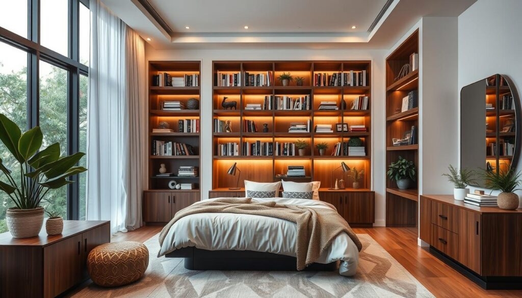 Built-In Bookshelf: Walnut Wall with Headboard Storage Niche