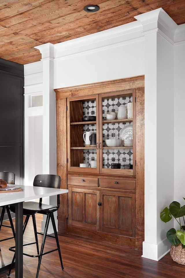 Built In Cabinet with Patterned Tile Back for Built-in Kitchen Hutch