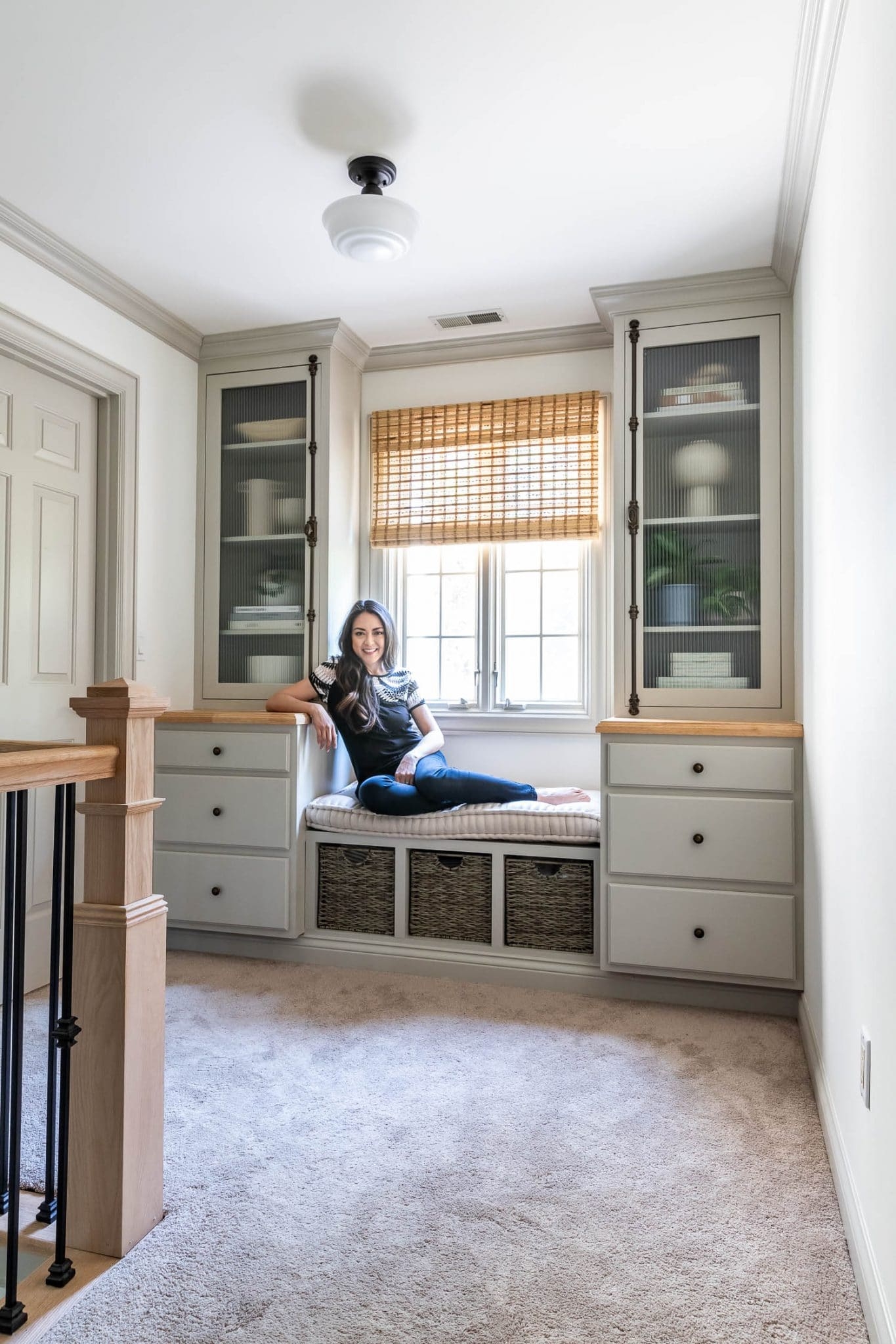 Built-In Cabinetry Fluted Glass Cabinet Doors and Greige Paint