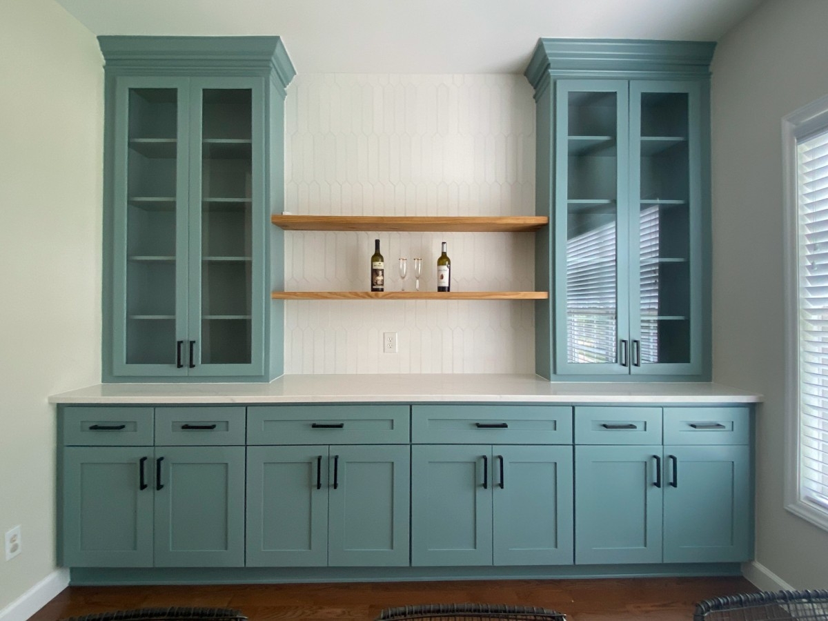 Built In Cabinetry Muted Teal Finish with Muted Teal Built-in