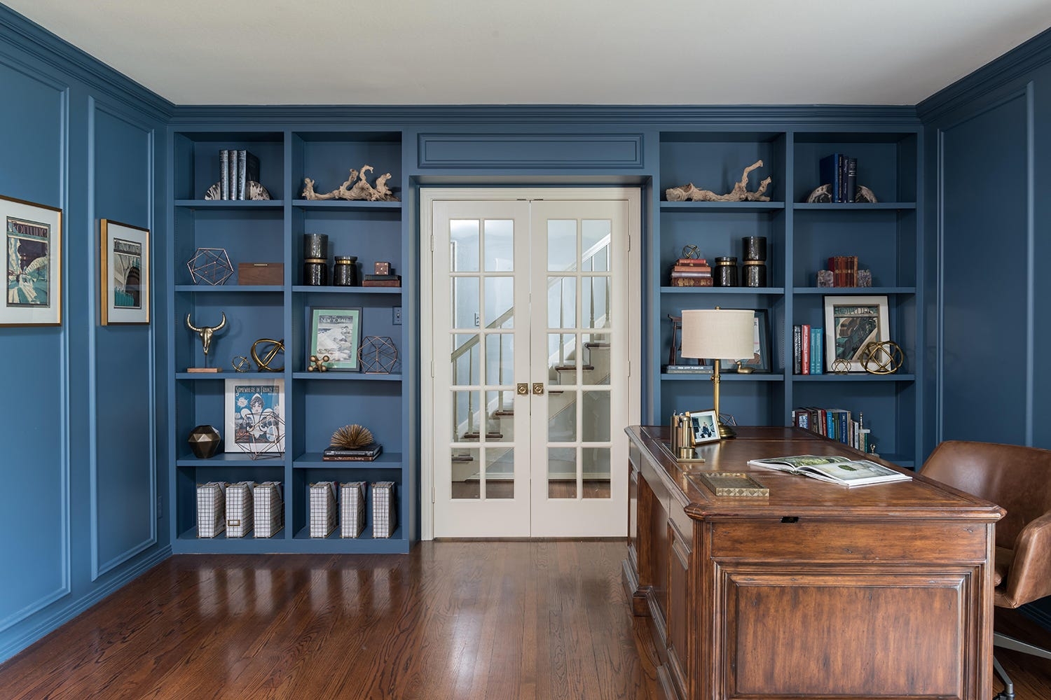 Built-In Shelving: Slate Blue Floor to Ceiling Integration