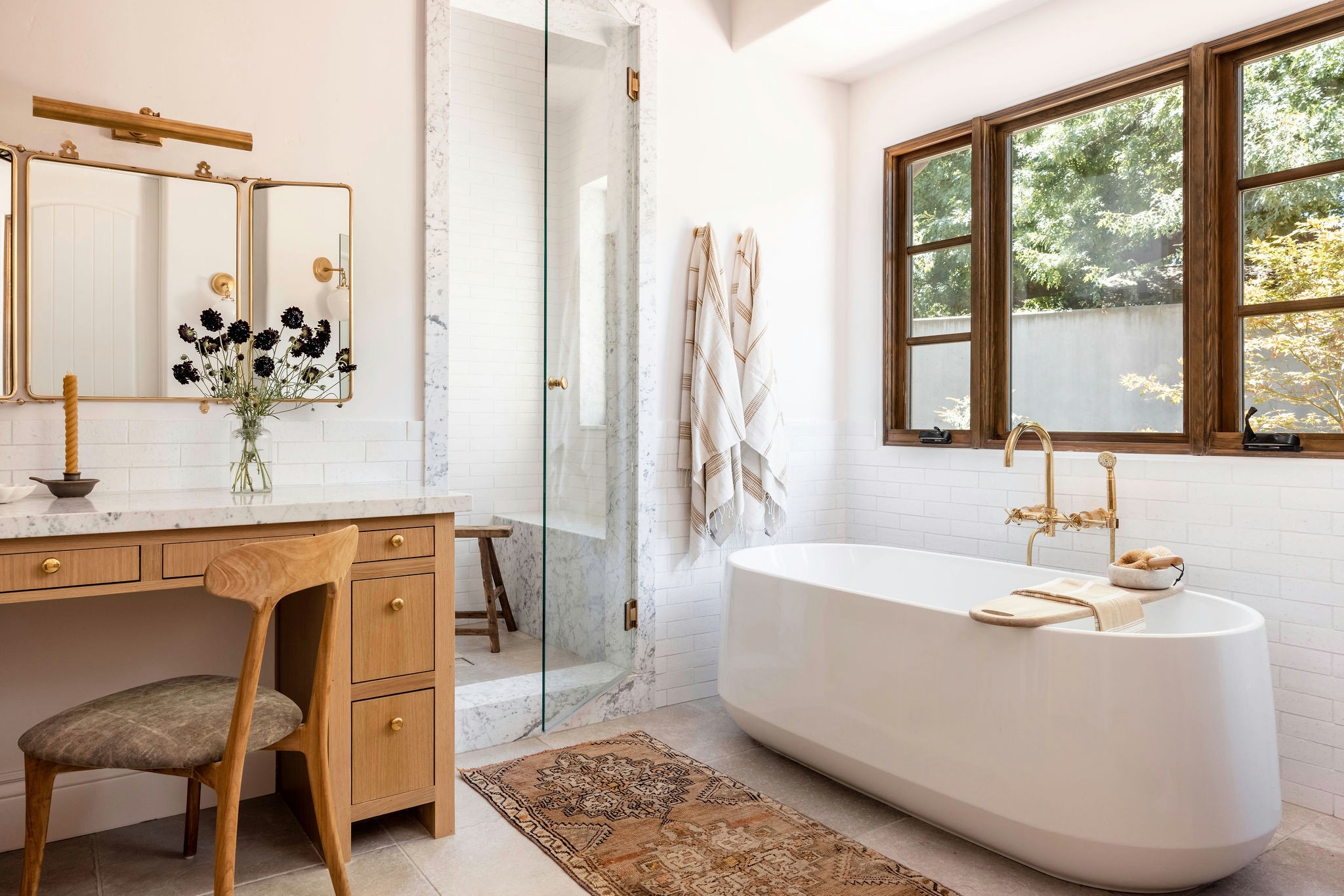 Built-In Vanity: Triptych Mirror and Subway Tile Walls