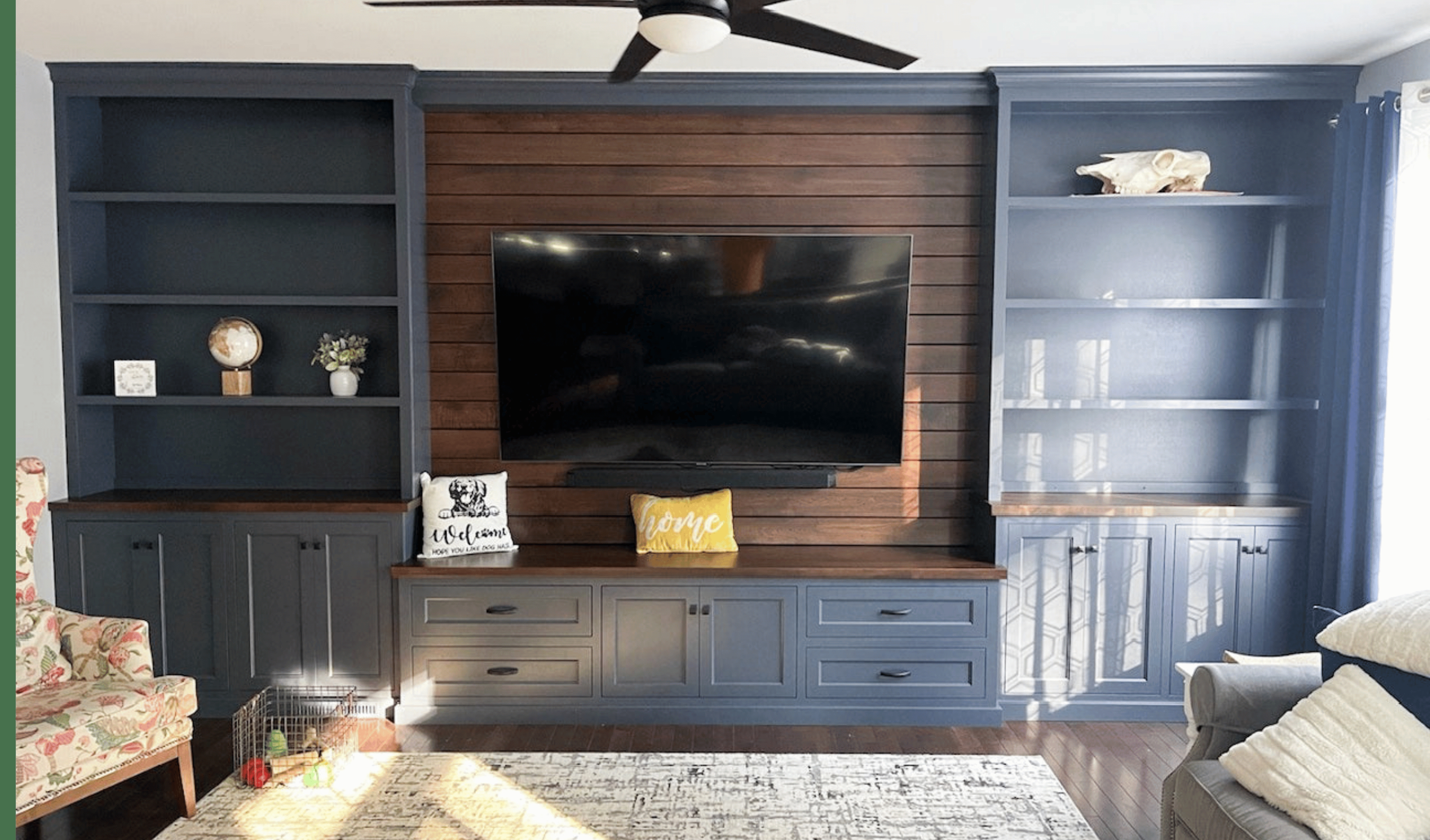 Built-In Wall Unit: Navy Shiplap Media Center Storage
