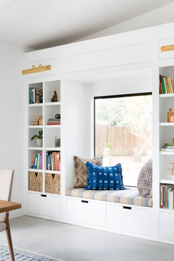 Built-In Window Seat Floor-To-Ceiling Modern Library Wall Unit