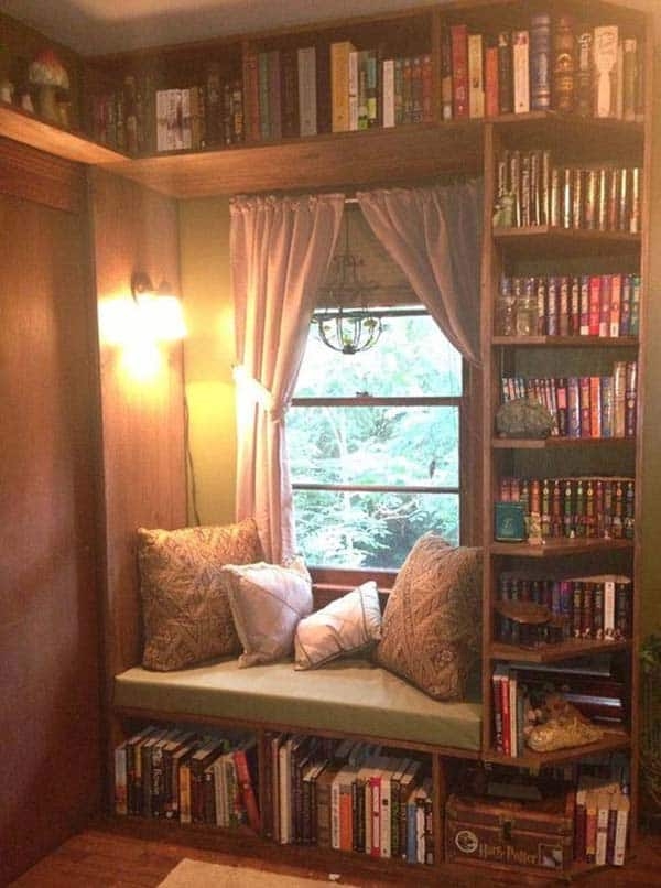 Built-In Window Seat Wrap-Around Rustic Home Library Design