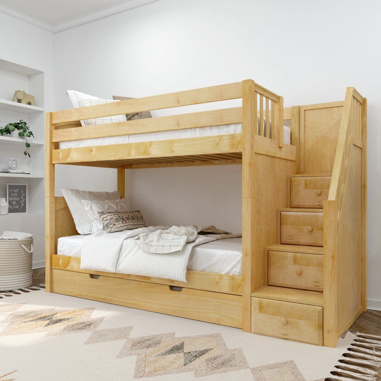 Bunk Bed Blonde Wood Twin over Twin Bunk with Storage Stairs