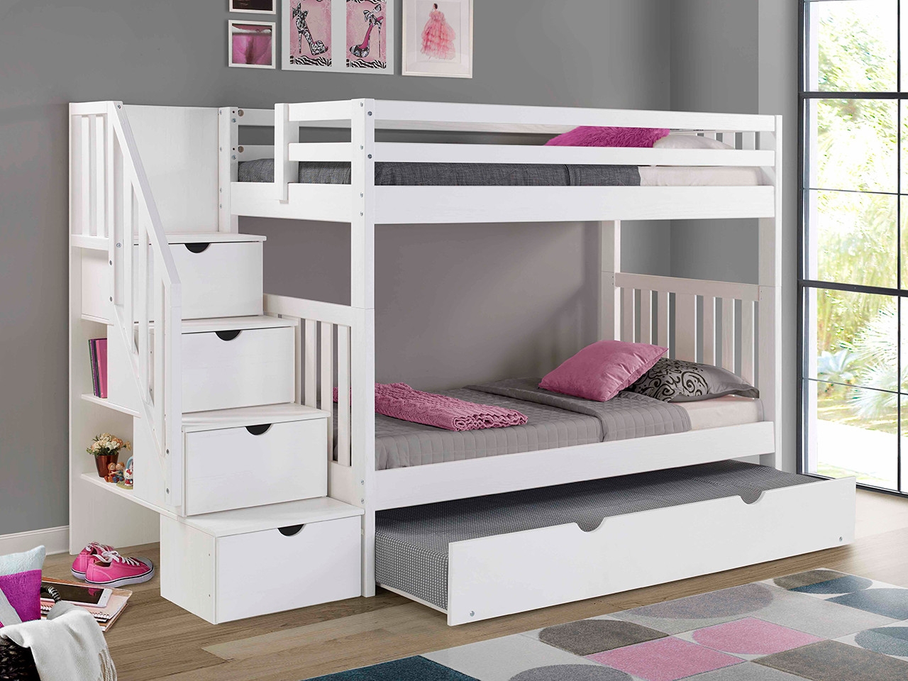 Bunk Bed Brushed White Finish Twin with Staircase Storage