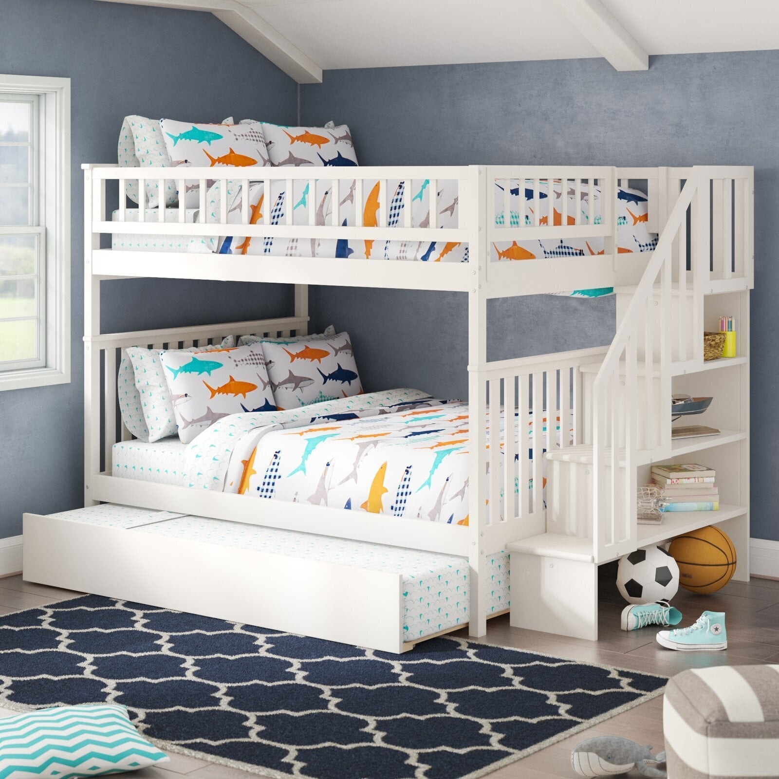 Bunk Bed Built-in Shelving White Staircase Storage with Trundle