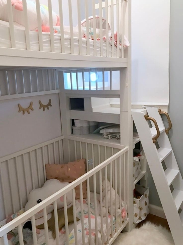 Bunk Bed Crib Combo: White Frame and Gold Ladder Handles