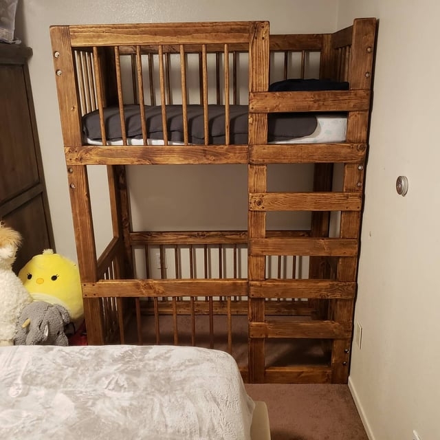 Bunk Bed Crib: Walnut Spindle Bed Frame with Integrated Ladder