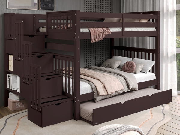 Bunk Bed Dark Cherry Full Over Full Size Stairway with Trundle
