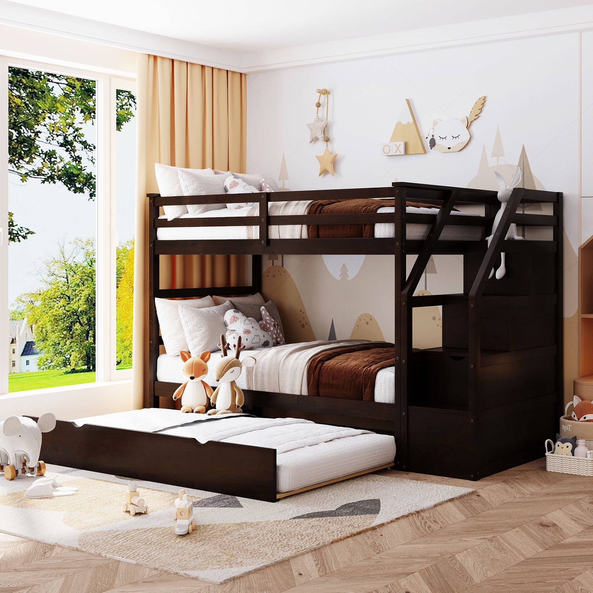 Bunk Bed Espresso Brown Storage Stairs Triple Sleeper Unit